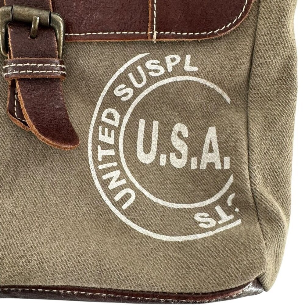 Myra Bag Sage Green Canvas and Brown Leather Messenger Tote Crossbody Bag - Picture 4 of 9